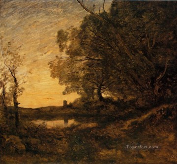  plein Oil Painting - Evening Distant Tower plein air Romanticism Jean Baptiste Camille Corot